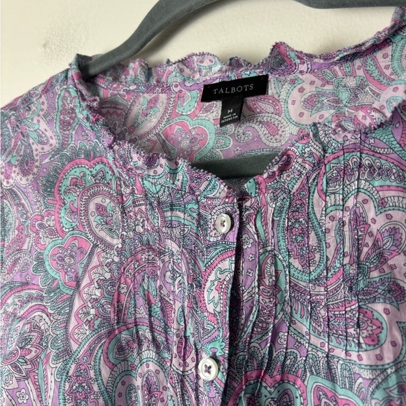 TALBOTS •Women’s Pastel Paisley Half Button Ruffle Neckline Long Sleeve Top Sz M - Picture 4 of 5